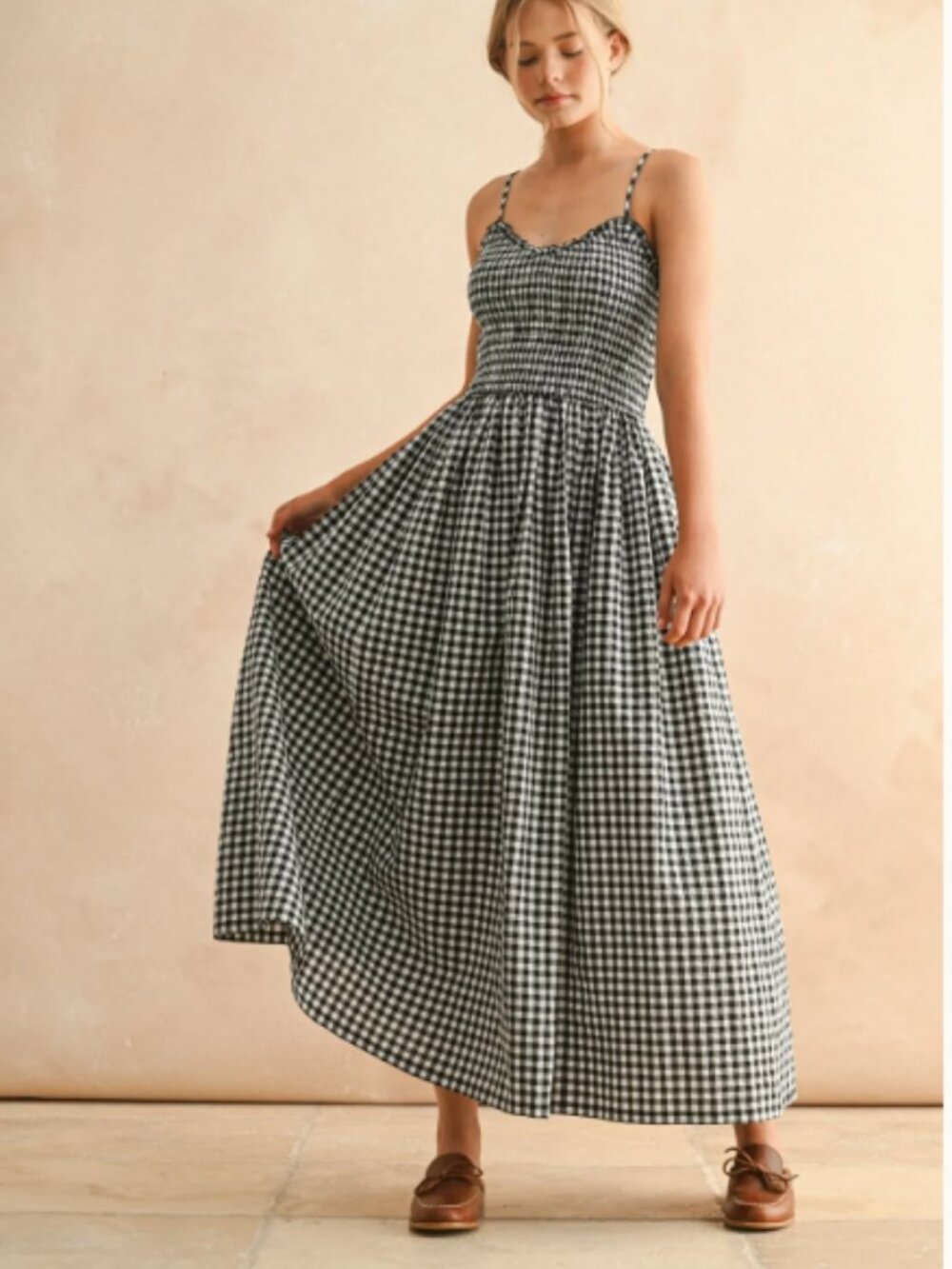 B&W Gingham Smocked Maxi Dress - Miou Muse